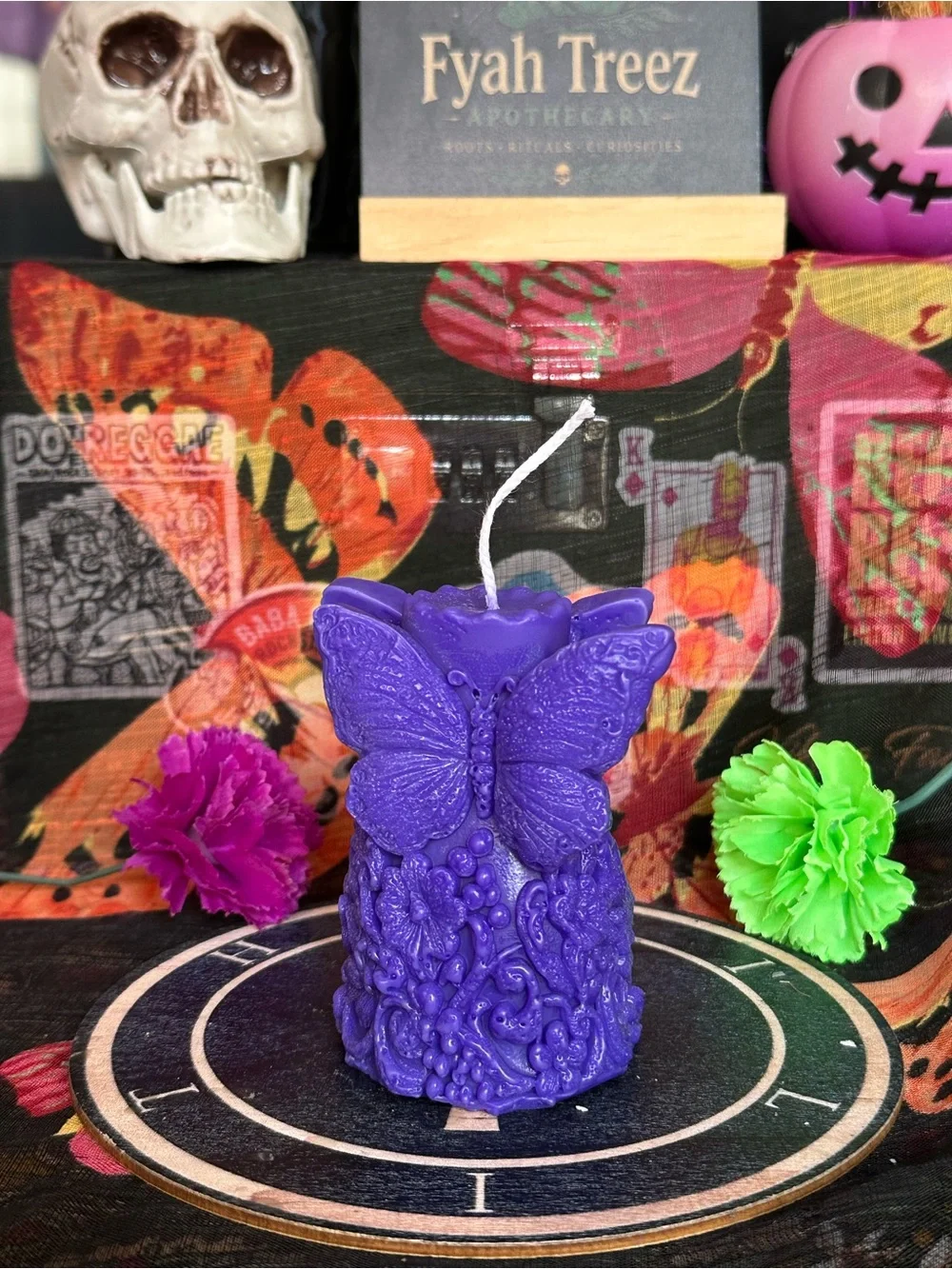 Handmade Purple Butterfly & Floral Pillar Candle